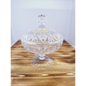 Vintage West German 24% lead Crystal Hand Cut Pedestal Sticker Candy Dish W/ Lid